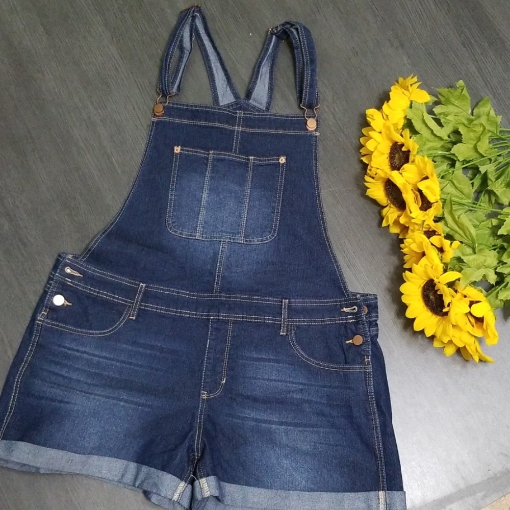 Relaxed Fit Dark Washed Denim Short Overalls